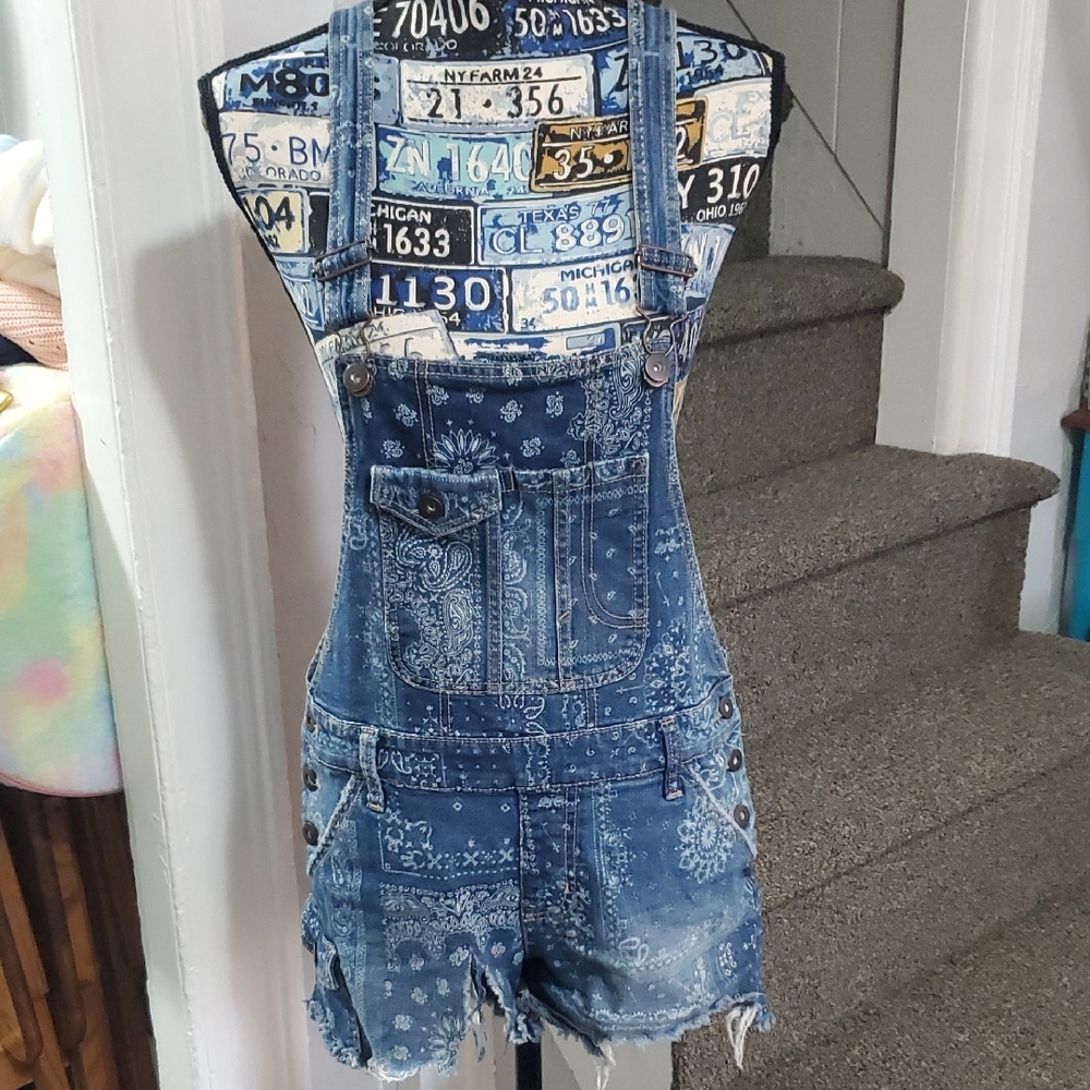 Blue Denim Patterned Ripped Overall Shorts!